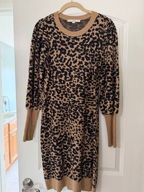 LOFT Tan and Black Leopard-Print Sweater Dress